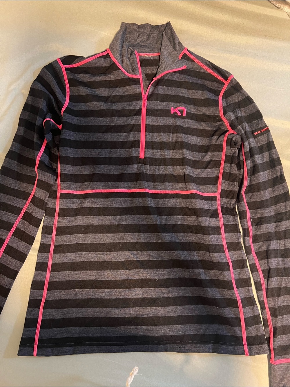 Kari Traa Striped Half-Zip Top in Charcoal and Pink